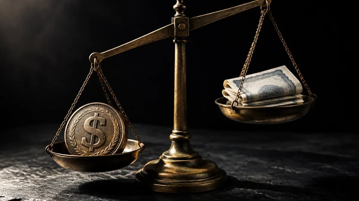 Messing-Balkenwaage auf dunklem Schiefer, links eine große Münze mit Dollar-Prägung, rechts ein Stapel ornamentaler Urkundenbogen, die Waage steht schief