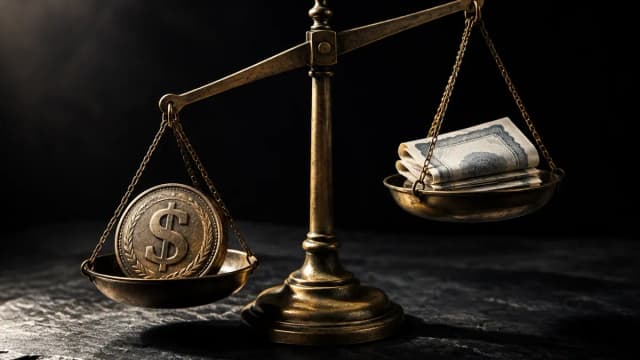 Messing-Balkenwaage auf dunklem Schiefer, links eine große Münze mit Dollar-Prägung, rechts ein Stapel ornamentaler Urkundenbogen, die Waage steht schief
