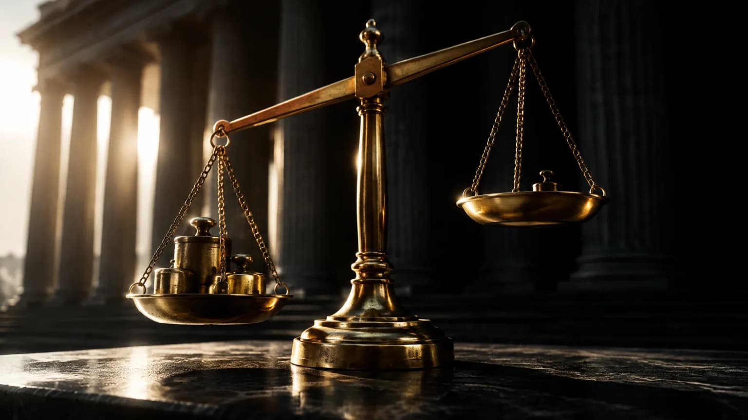 Schwere Balkenwaage aus Messing auf dunkler Steinplatte, die linke Schale tiefer als die rechte, dahinter die Säulenreihe eines Aufsichtsgebäudes im Gegenlicht