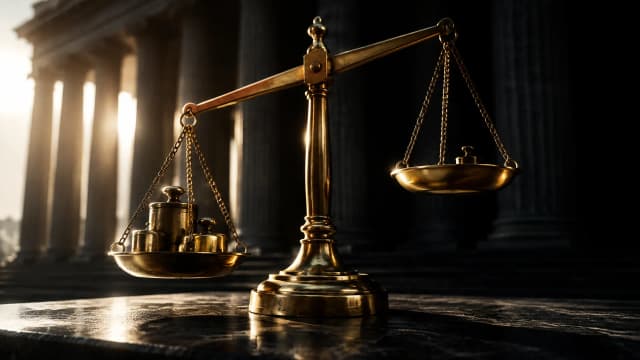 Schwere Balkenwaage aus Messing auf dunkler Steinplatte, die linke Schale tiefer als die rechte, dahinter die Säulenreihe eines Aufsichtsgebäudes im Gegenlicht