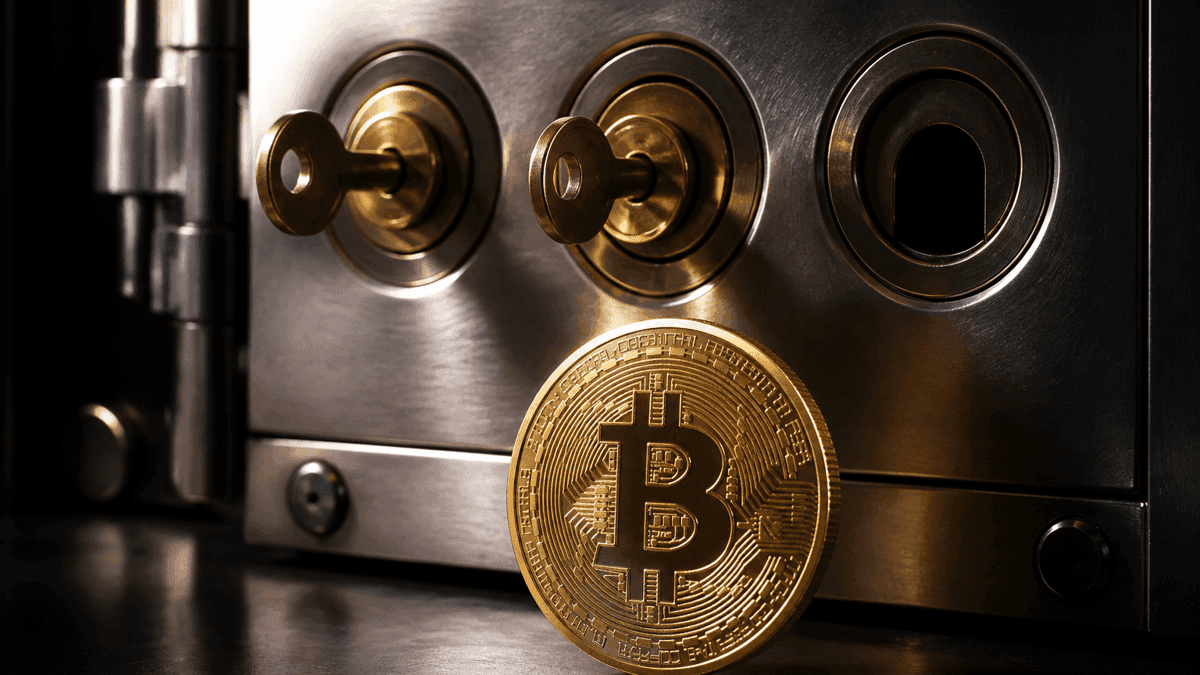 Stahl-Tresortor mit drei Schlüsselzylindern nebeneinander, in zweien steckt ein gedrehter Messingschlüssel und der dritte Zylinder bleibt leer, davor steht hochkant eine Goldmünze mit Bitcoin-Zeichen