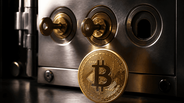 Stahl-Tresortor mit drei Schlüsselzylindern nebeneinander, in zweien steckt ein gedrehter Messingschlüssel und der dritte Zylinder bleibt leer, davor steht hochkant eine Goldmünze mit Bitcoin-Zeichen