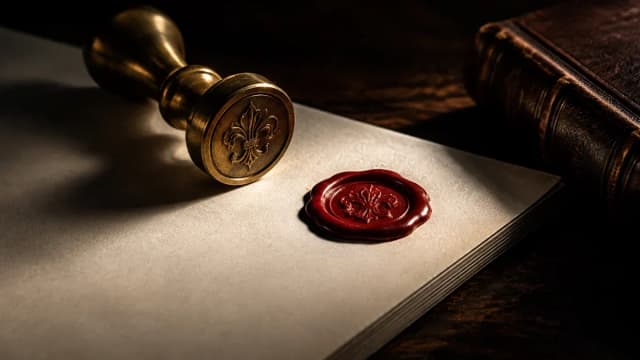 Messing-Siegelstempel und rotes Siegellack-Siegel auf einem unbedruckten Papierbogen, daneben ein alter Ledereinband auf dunklem Holz