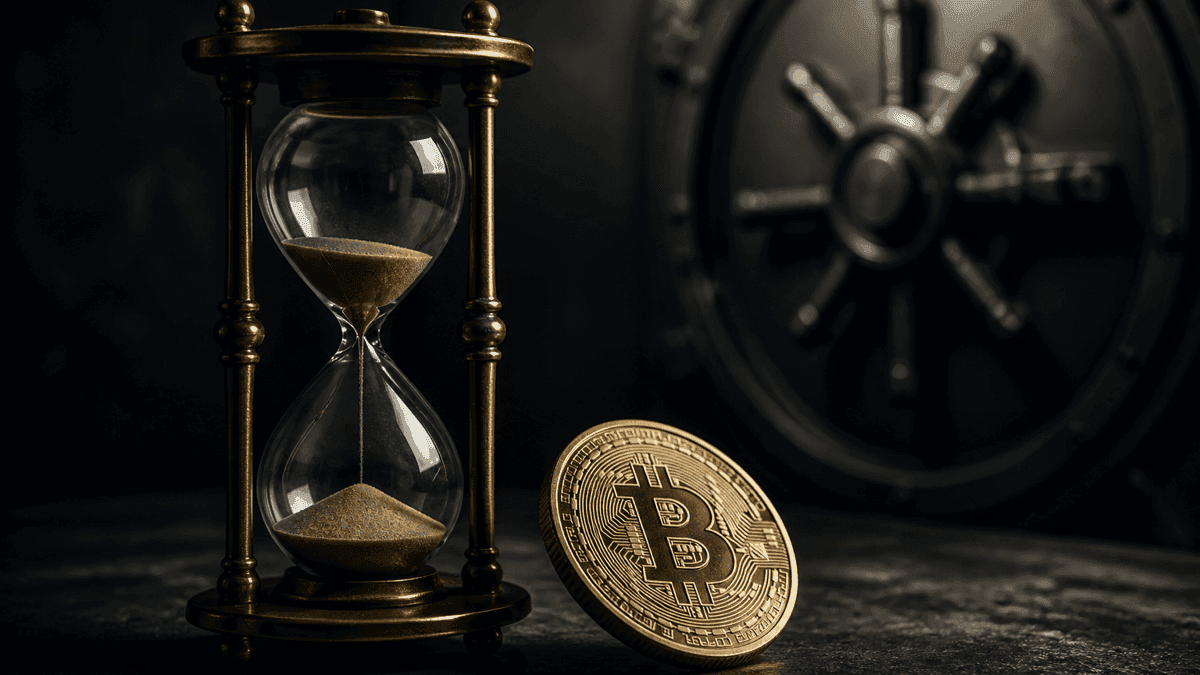 Reloj de arena de latón con la arena casi agotada junto a una moneda metálica volcada con el símbolo de Bitcoin ante una puerta de caja fuerte cerrada