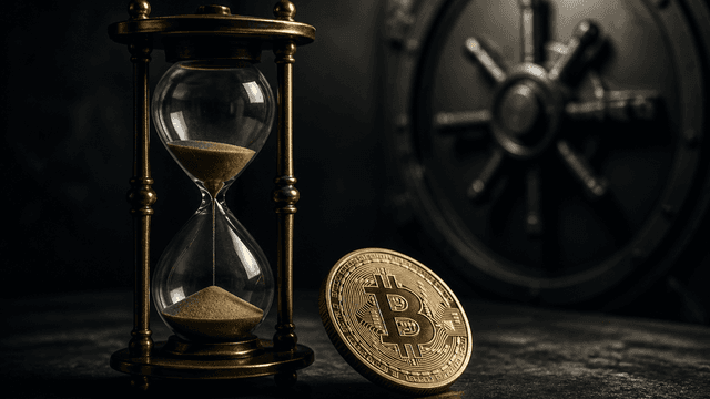 Messing-Sanduhr mit fast durchgelaufenem Sand neben einer gekippten Metallmünze mit Bitcoin-Prägung vor einem geschlossenen Tresortor