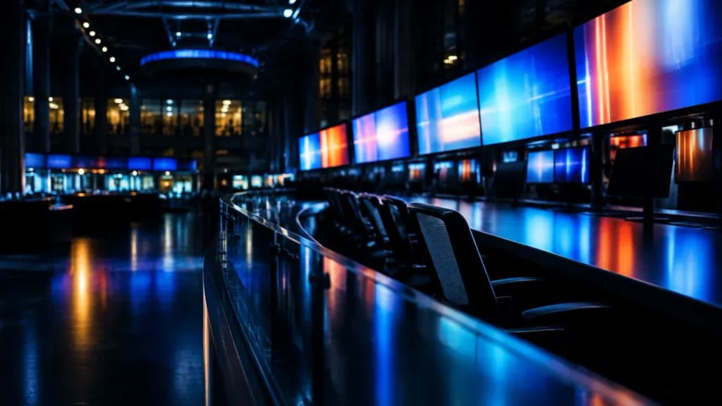 Handelssaal einer Wertpapierbörse bei Nacht, menschenleer, Monitorreihen leuchten in abstrakten Farbflächen hinter einer spiegelnden Glasbrüstung