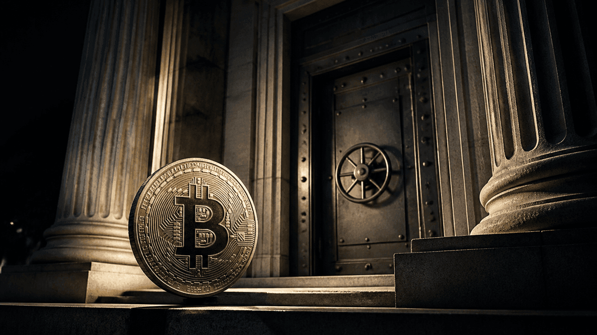 Klassizistisches Bankportal mit Säulen und geschlossenem Stahltresortor, davor eine große Bitcoin-Münze auf einer Steinstufe