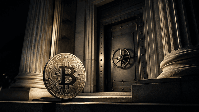 Klassizistisches Bankportal mit Säulen und geschlossenem Stahltresortor, davor eine große Bitcoin-Münze auf einer Steinstufe