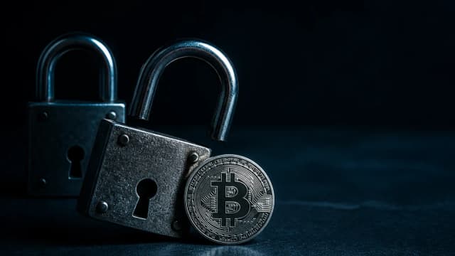 Ein offenes und ein geschlossenes Vorhängeschloss neben einer Bitcoin-Münze – Sinnbild für eine Wallet-Drainer-Freigabe, die offen bleibt