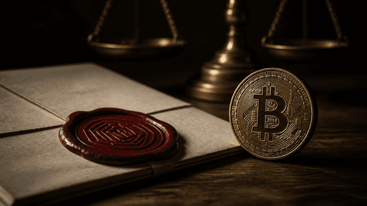 Rotes Wachssiegel mit geometrischem Prägemuster auf einem gefalteten Dokument, daneben eine aufrecht stehende Metallmünze mit Bitcoin-Prägung, im Hintergrund eine Balkenwaage