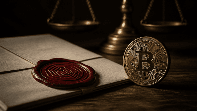 Rotes Wachssiegel mit geometrischem Prägemuster auf einem gefalteten Dokument, daneben eine aufrecht stehende Metallmünze mit Bitcoin-Prägung, im Hintergrund eine Balkenwaage