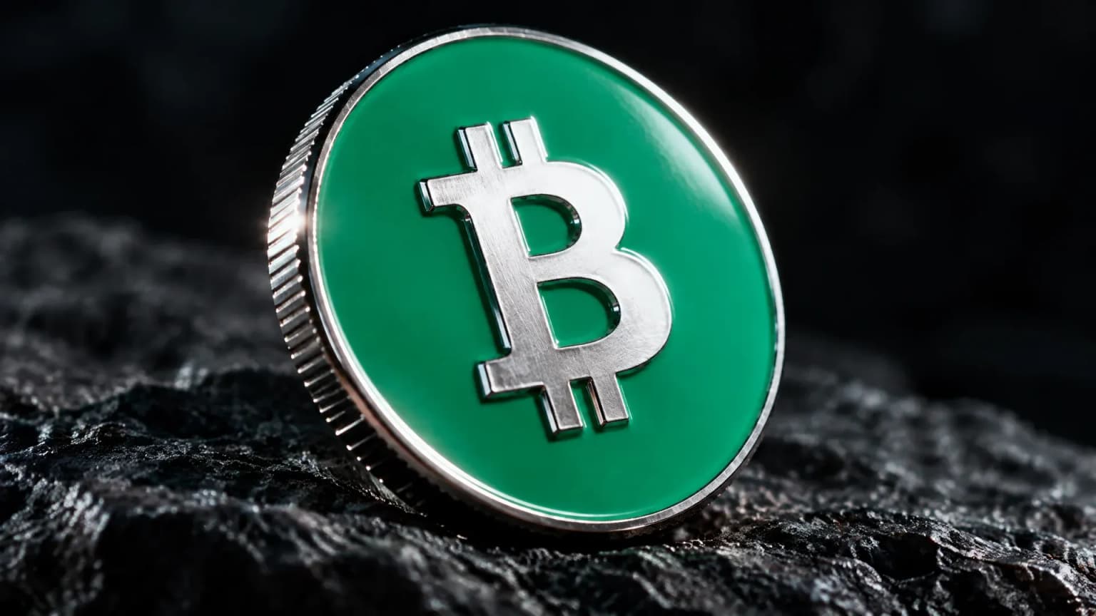 Pièce émaillée de vert portant le symbole de Bitcoin Cash sur du basalte sombre