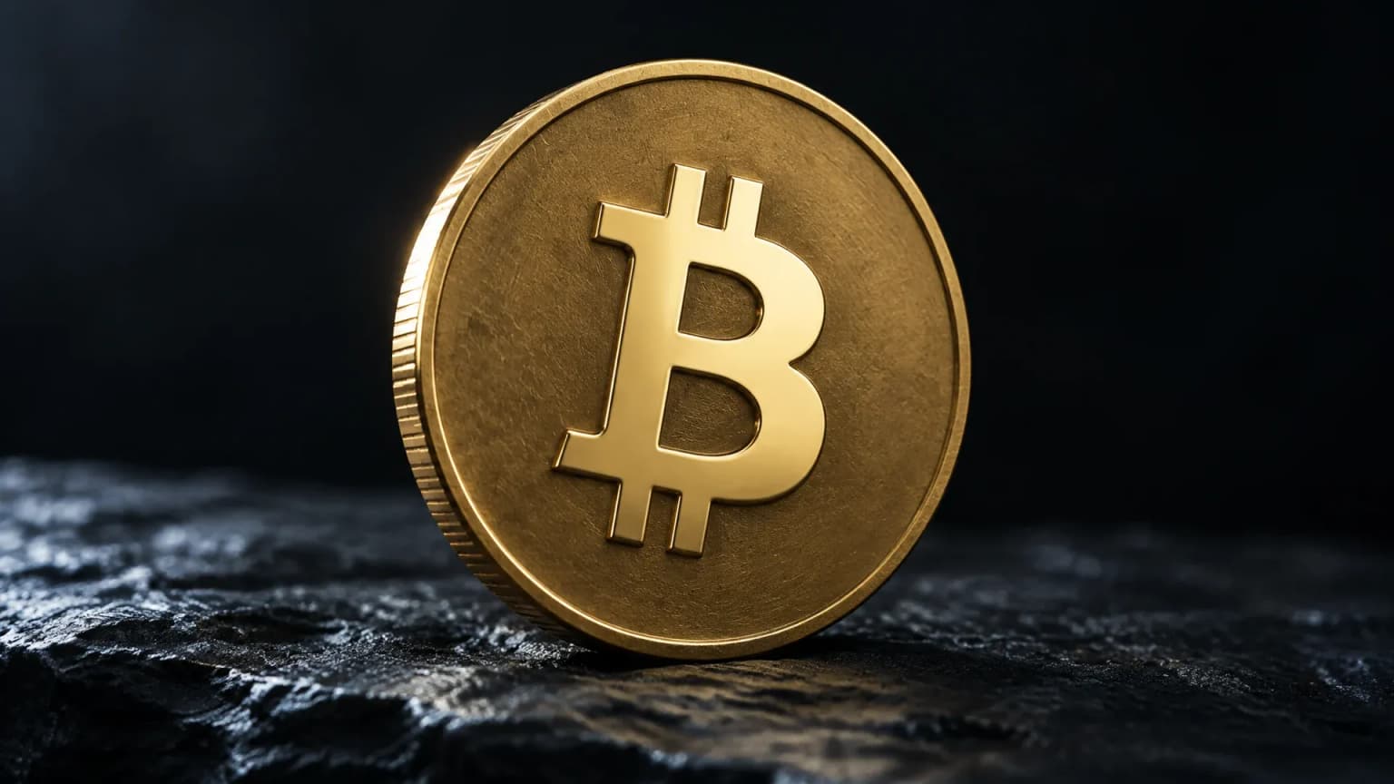 Pièce en laiton avec le symbole du Bitcoin sur une ardoise sombre, illustration de la question qu'est-ce que le Bitcoin