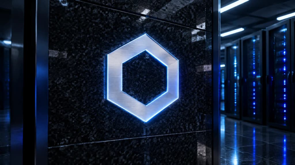 Leuchtende Metall-Intarsie mit dem Chainlink-Zeichen in einer Granitwand vor nächtlichen Serverreihen