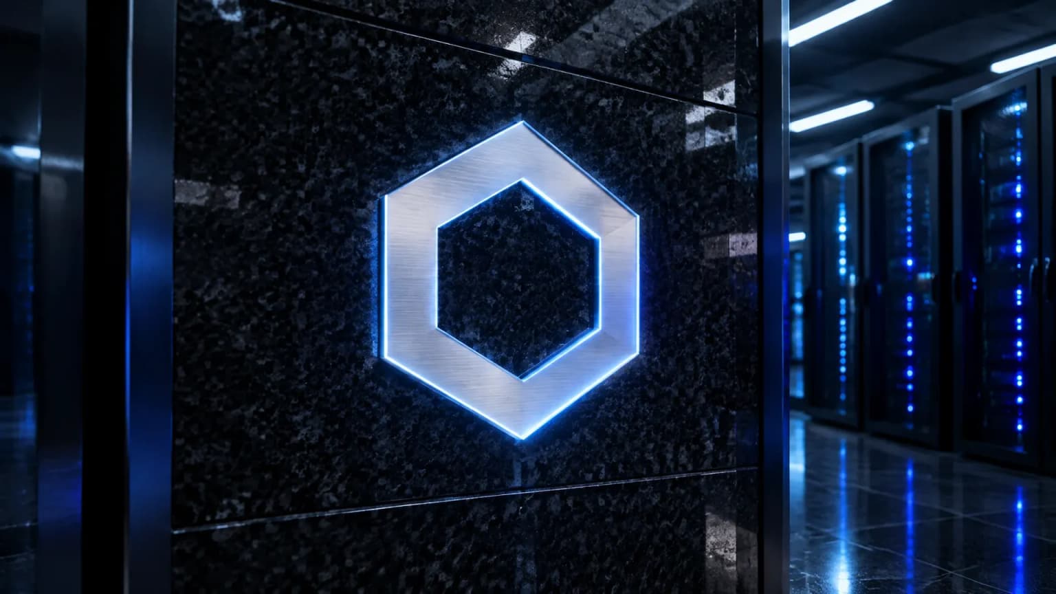 Leuchtende Metall-Intarsie mit dem Chainlink-Zeichen in einer Granitwand vor nächtlichen Serverreihen