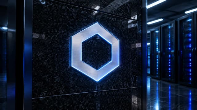 Leuchtende Metall-Intarsie mit dem Chainlink-Zeichen in einer Granitwand vor nächtlichen Serverreihen