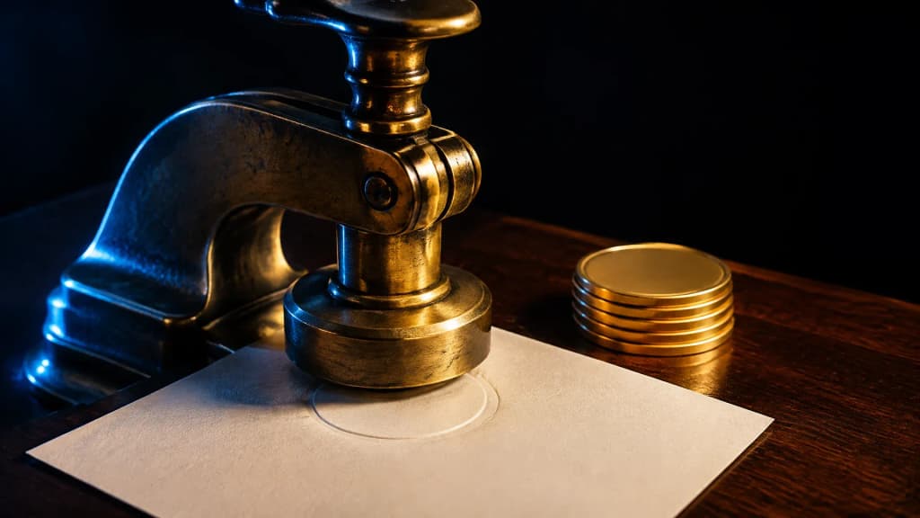 Prägesiegel aus Messing auf leerem Papier neben gestapelten Goldmünzen, Sinnbild für den Emittenten, der Wertpapiere und Token ausgibt