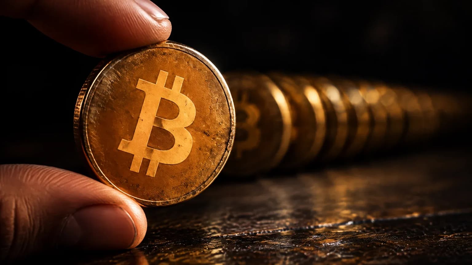 Hand hält eine schwere Metallmünze mit dem Bitcoin-Zeichen aufrecht vor einer unscharfen Reihe weiterer Münzen auf dunklem Holz