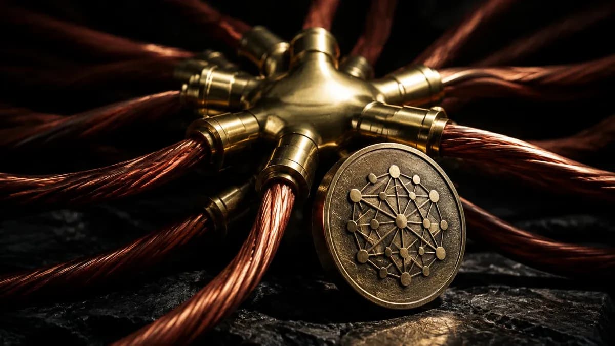 Sternförmiger Messing-Verteilerknoten mit vielen abgehenden Kupferkabeln, davor eine Metallmünze mit eingeprägtem Netzknoten-Symbol