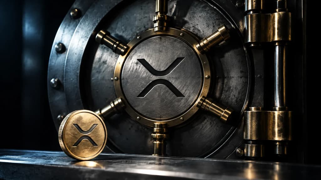 Tresortür mit Zeitschloss und eingraviertem XRP-Zeichen, davor eine XRP-Münze