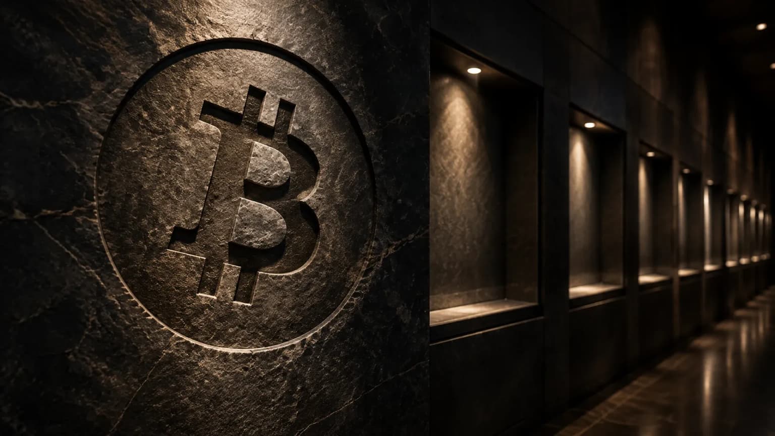 Tiefe Gravur eines Bitcoin-Zeichens in einer dunklen Steinplatte an einer Museumswand, daneben eine Reihe kleinerer leerer Vitrinennischen