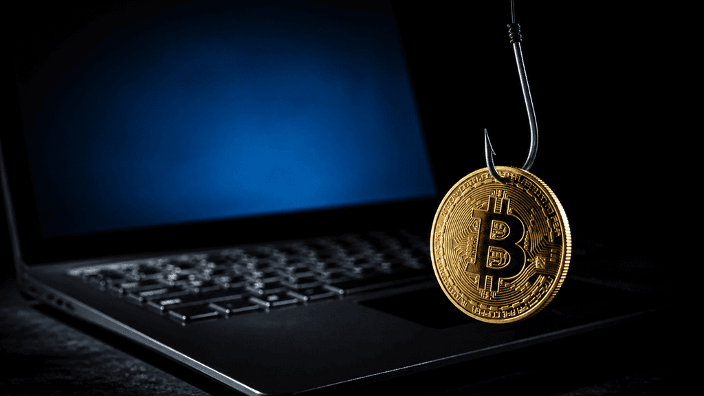 Eine goldene Münze mit Bitcoin-Symbol hängt an einem blanken Angelhaken über der Tastatur eines aufgeklappten Laptops im Dunkeln.