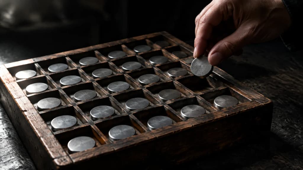 Hölzerner Setzkasten mit vielen Fächern auf einer dunklen Werkbank, in jedem Fach eine schmucklose Metallscheibe, eine Hand legt eine Scheibe in ein leeres Fach