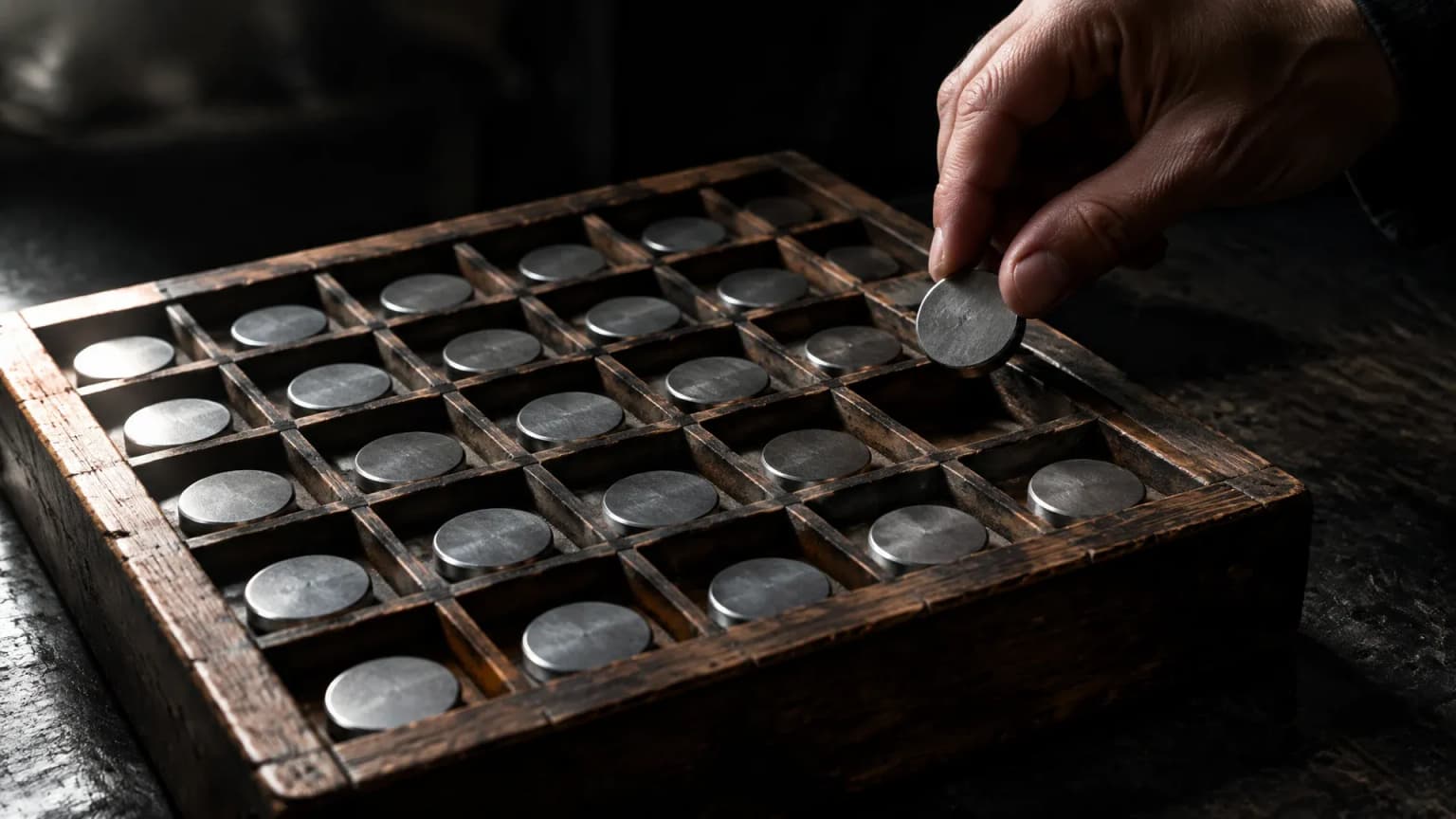 Hölzerner Setzkasten mit vielen Fächern auf einer dunklen Werkbank, in jedem Fach eine schmucklose Metallscheibe, eine Hand legt eine Scheibe in ein leeres Fach