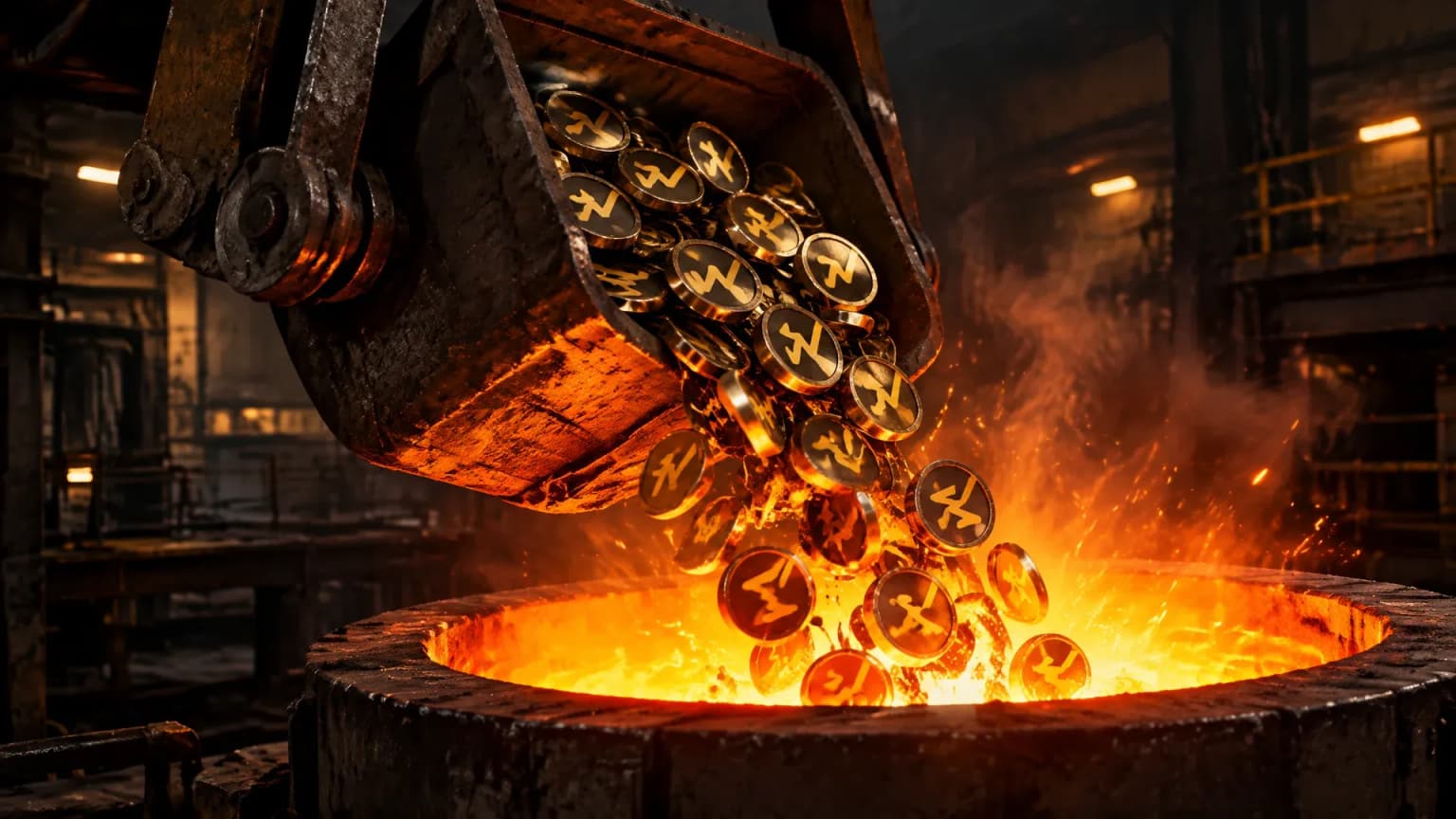 Stahl-Schwenkarm kippt geprägte Metallplättchen mit dem WBT-Zeichen in einen glühenden Schmelztiegel in einer dunklen Industriehalle