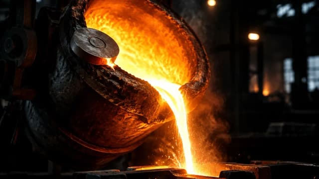 Glühender Schmelztiegel in einer dunklen Gießereihalle, flüssiges Metall rinnt in eine Gussform, am Rand eine schmelzende Metallscheibe