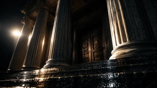Monumentales Saeulenportal eines klassizistischen Behoerdengebaeudes bei Nacht, nasse Granittreppe im Gegenlicht, die schwere Bronzetuer dahinter geschlossen