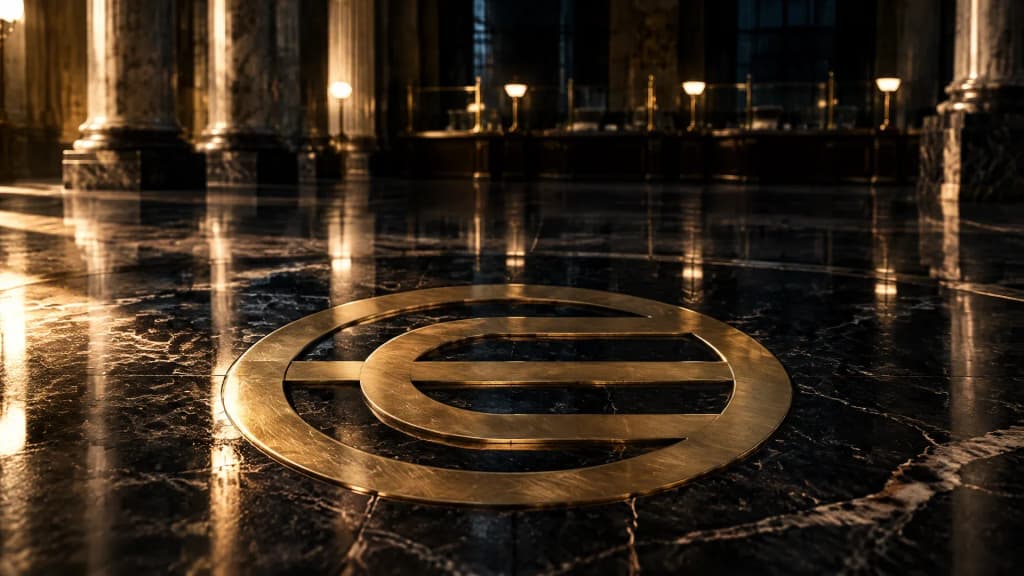 Messingintarsie mit dem Worldcoin-Zeichen im Steinboden einer nächtlichen Bankenhalle mit hohen Säulen
