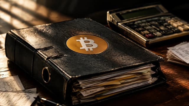 Aufgeschlagener Steuerordner mit Tischrechner auf dunklem Holztisch, auf dem Ordnerdeckel eine Metallintarsie mit dem Bitcoin-Zeichen