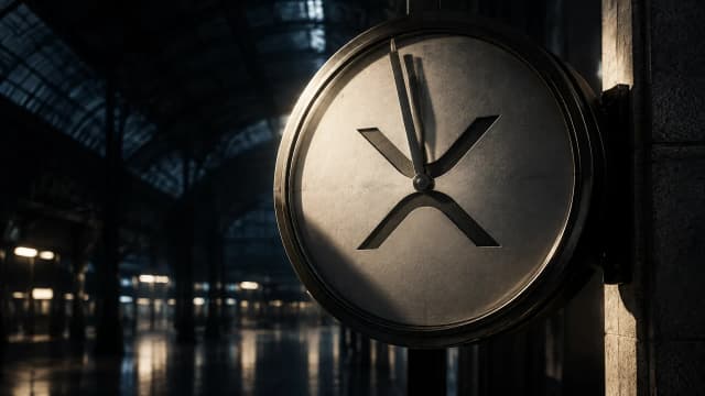 Große Bahnhofsuhr ohne Ziffern in einer dunklen, leeren Bahnhofshalle, in das helle Zifferblatt ist das XRP-Zeichen als tiefe Gravur eingelassen, die Zeiger stehen kurz vor der vollen Stunde