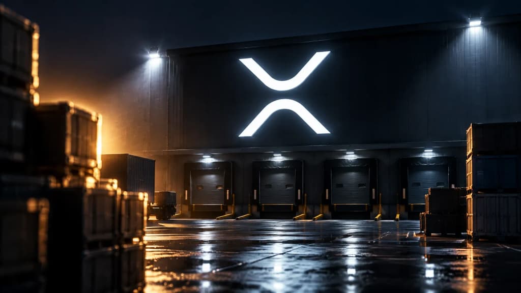 Nächtliches Frachtterminal mit leeren Verladerampen, an der Stirnwand leuchtet das XRP-Zeichen