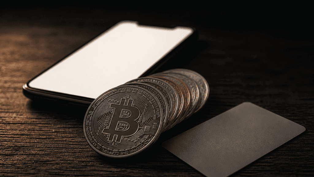 Stapel physischer Metallmünzen mit eingeprägtem Bitcoin-Zeichen neben einem Smartphone mit leerem Bildschirm und einer neutralen Bankkarte auf dunklem Holztisch