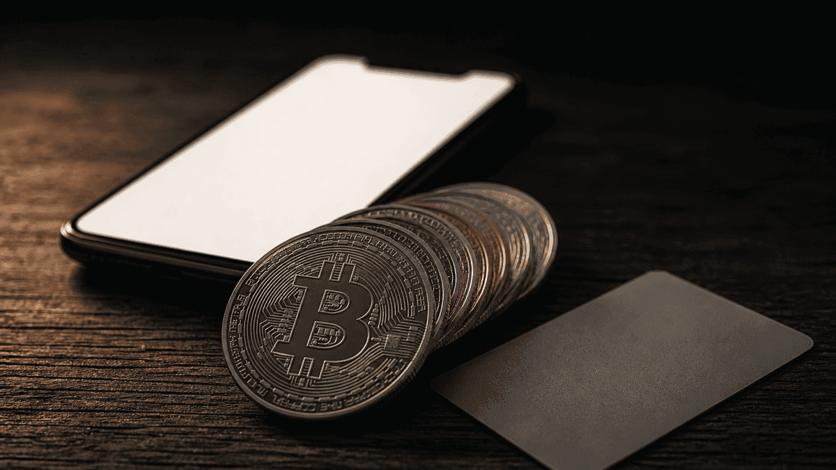 Montón de monedas metálicas con el signo de Bitcoin grabado junto a un teléfono con la pantalla vacía y una tarjeta bancaria neutra sobre una mesa de madera oscura