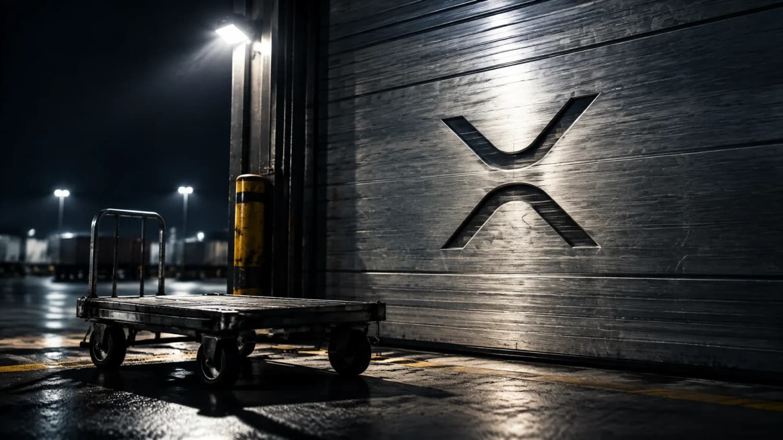 In eine Stahlplatte am Rolltor eines naechtlichen Frachtterminals graviertes XRP-Zeichen, davor ein leerer Rollwagen