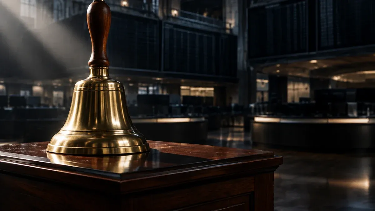 Messingglocke auf einem Rednerpult in einem leeren Handelssaal