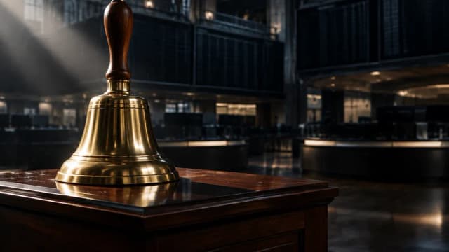 Messingglocke auf einem Rednerpult in einem leeren Handelssaal