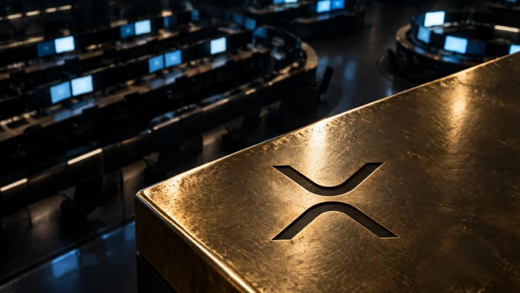 Naechtlicher Handelssaal mit leeren Pultreihen, auf der vorderen Messingkante ist das XRP-Zeichen als tiefe Gravur eingelassen