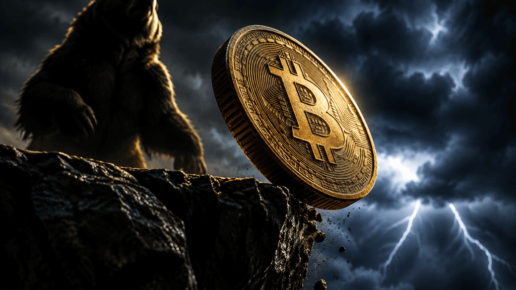 Goldene Münze mit eingeprägtem Bitcoin-Zeichen kippt über die Kante einer Felsklippe, dahinter ein Bär und eine Gewitterfront mit Blitzen