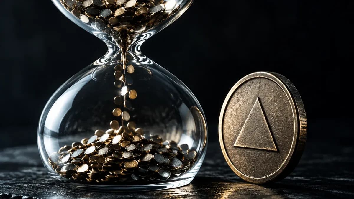 Glaeserne Sanduhr, in der statt Sand winzige Metallmuenzen rinnen, daneben eine schwere Muenze mit dreieckigem Praegesymbol