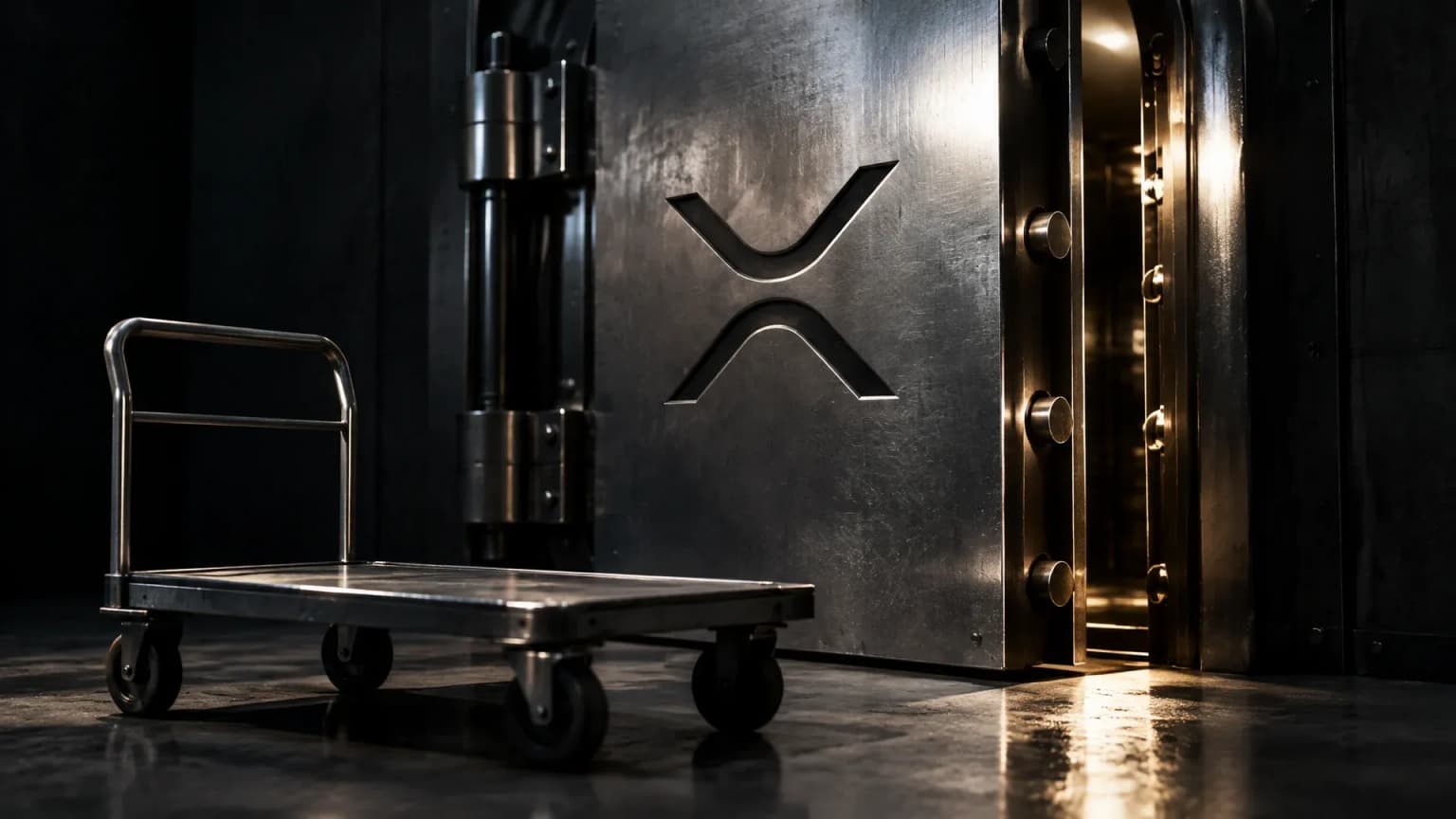 Pesada puerta acorazada de acero de un depositario de fondos entreabierta, con el signo de XRP incrustado a fondo en la hoja pulida y un carro vacío delante