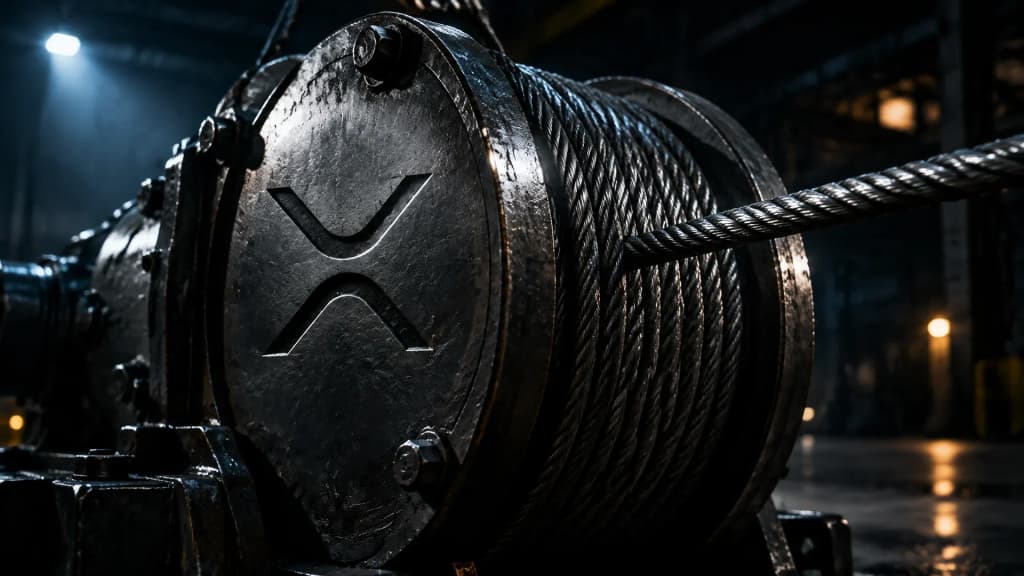Schwere stählerne Seilwinde in einer nächtlichen Industriehalle mit straff gespanntem Stahlseil, in die Seitenwange der Windentrommel ist das XRP-Zeichen als tiefe Metallgravur eingelassen