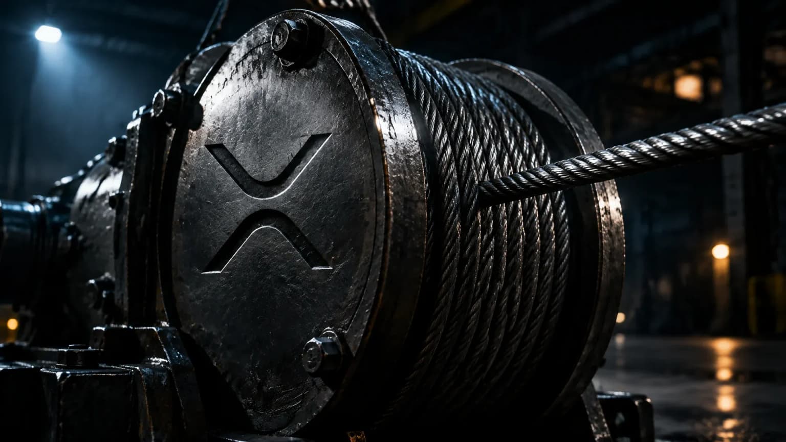 Schwere stählerne Seilwinde in einer nächtlichen Industriehalle mit straff gespanntem Stahlseil, in die Seitenwange der Windentrommel ist das XRP-Zeichen als tiefe Metallgravur eingelassen