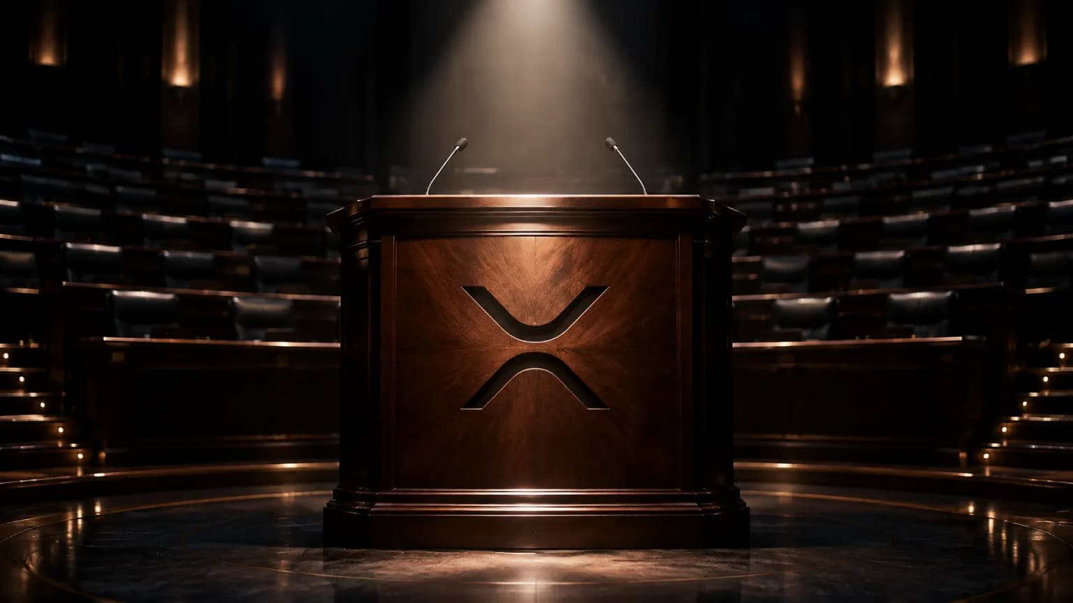 Leerer runder Ratssaal bei Nacht mit ansteigenden Sitzreihen im Halbrund, in die Frontplatte des Rednerpults ist das XRP-Zeichen eingelassen
