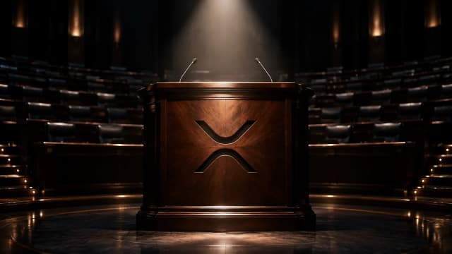 Leerer runder Ratssaal bei Nacht mit ansteigenden Sitzreihen im Halbrund, in die Frontplatte des Rednerpults ist das XRP-Zeichen eingelassen