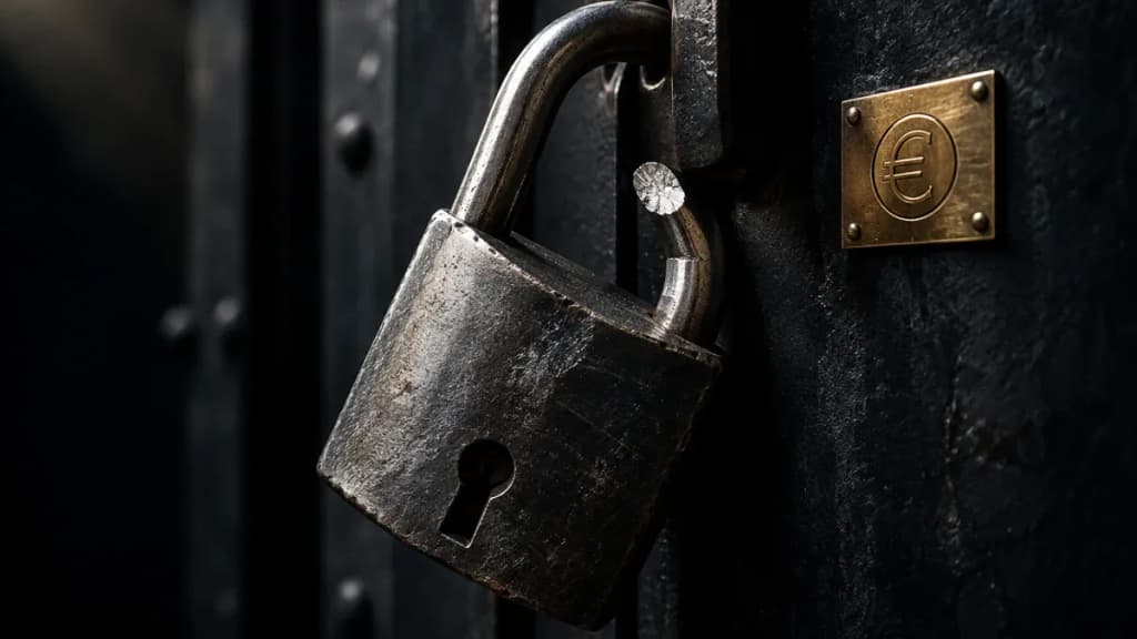 Aufgebrochenes Stahl-Vorhängeschloss mit glatt durchtrenntem Bügel vor einer geschlossenen Stahltür, daneben eine Messingplakette mit eingraviertem Währungszeichen