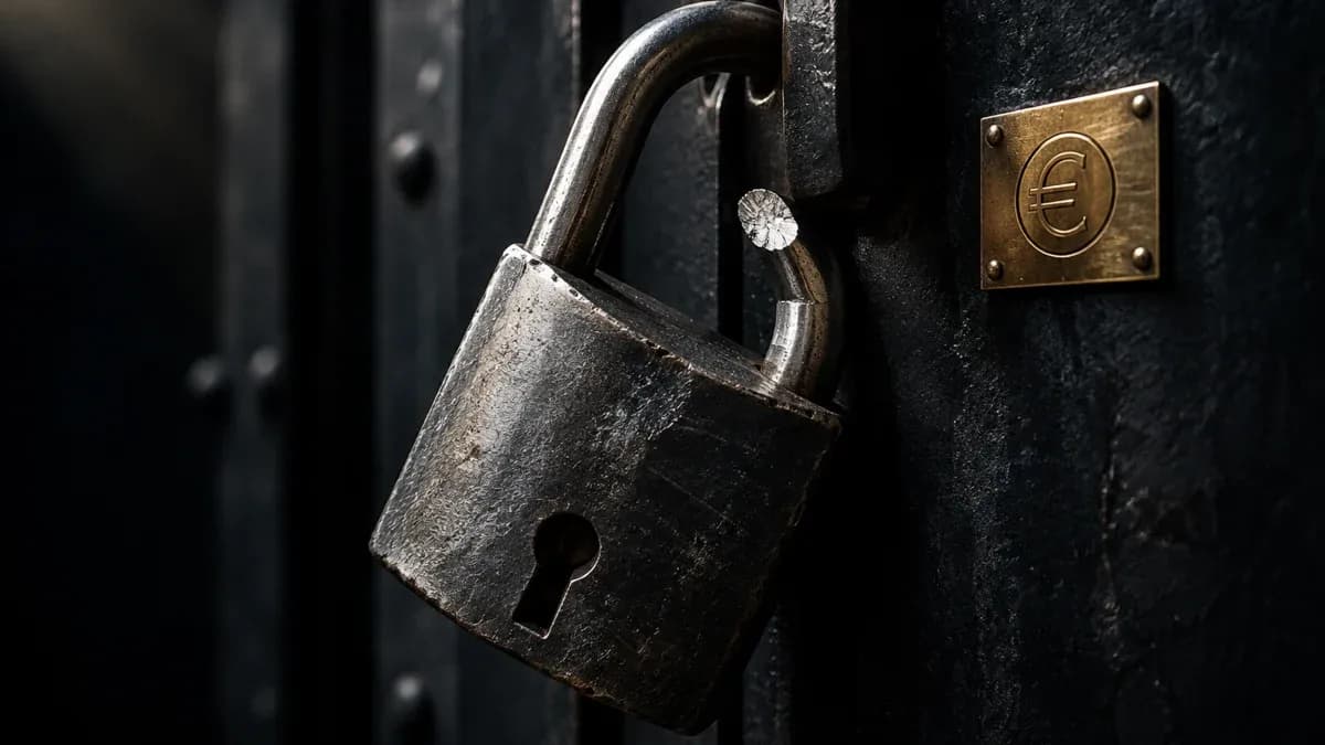 Aufgebrochenes Stahl-Vorhängeschloss mit glatt durchtrenntem Bügel vor einer geschlossenen Stahltür, daneben eine Messingplakette mit eingraviertem Währungszeichen